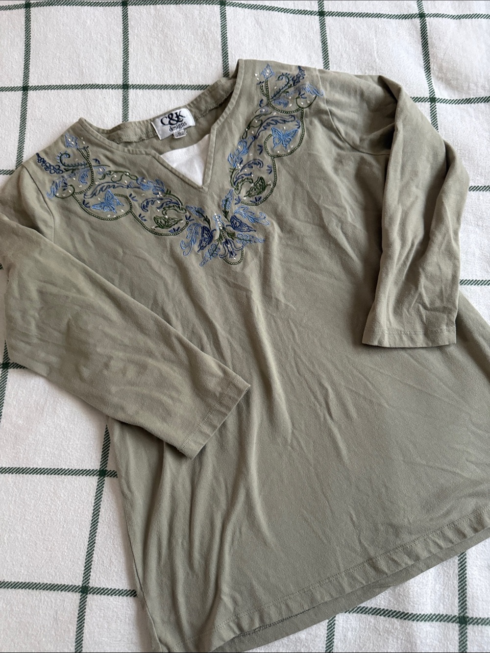 C&C California Olive V-Neck Embroidered Tunic with Blue & Green Accents